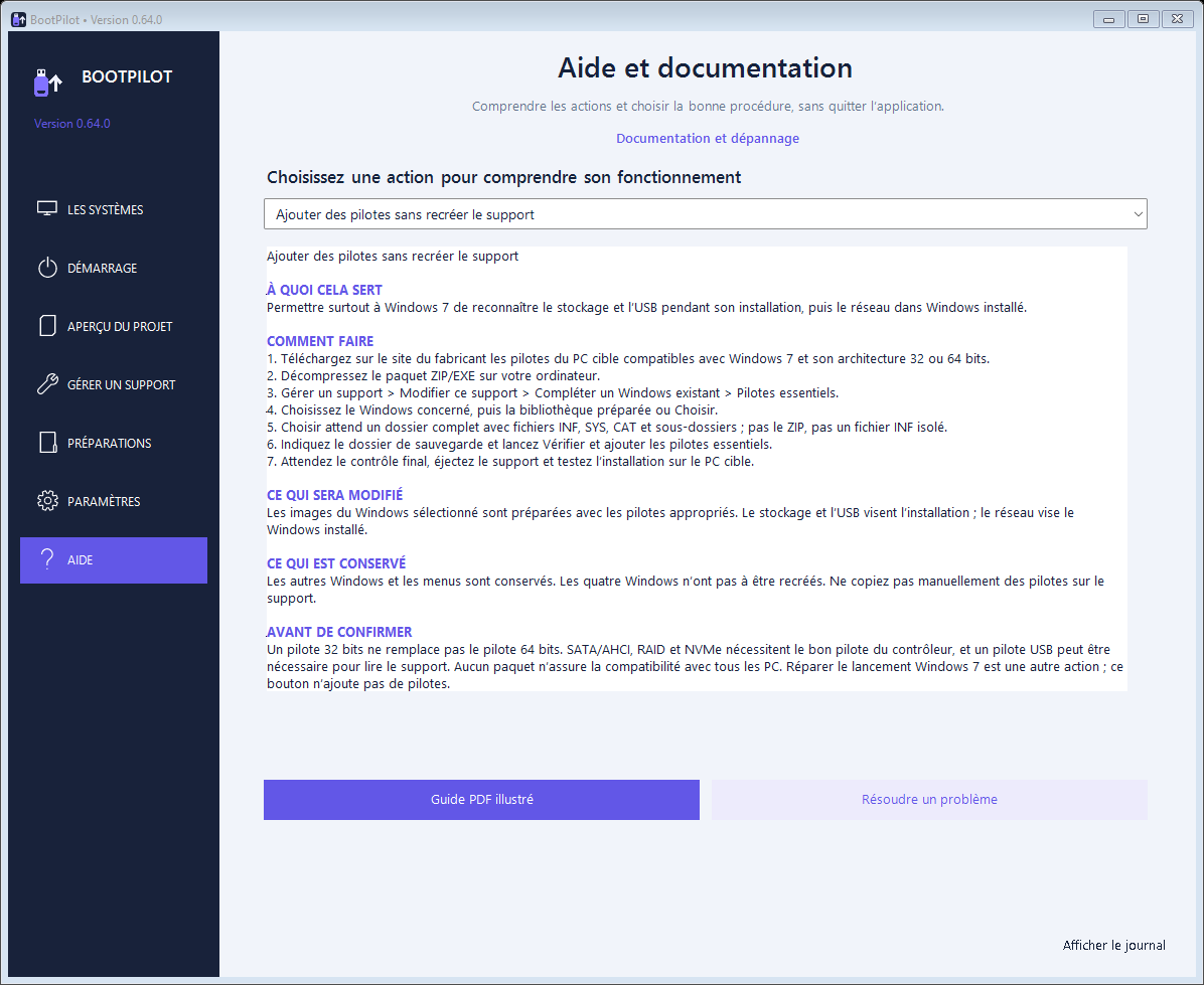 Aide intégrée BootPilot expliquant l’ajout de pilotes sans recréer le support