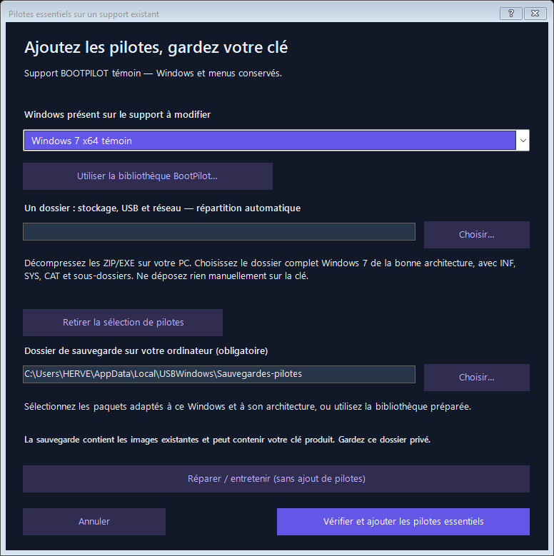Assistant BootPilot pour ajouter des pilotes essentiels à un Windows 7 64 bits présent sur le support