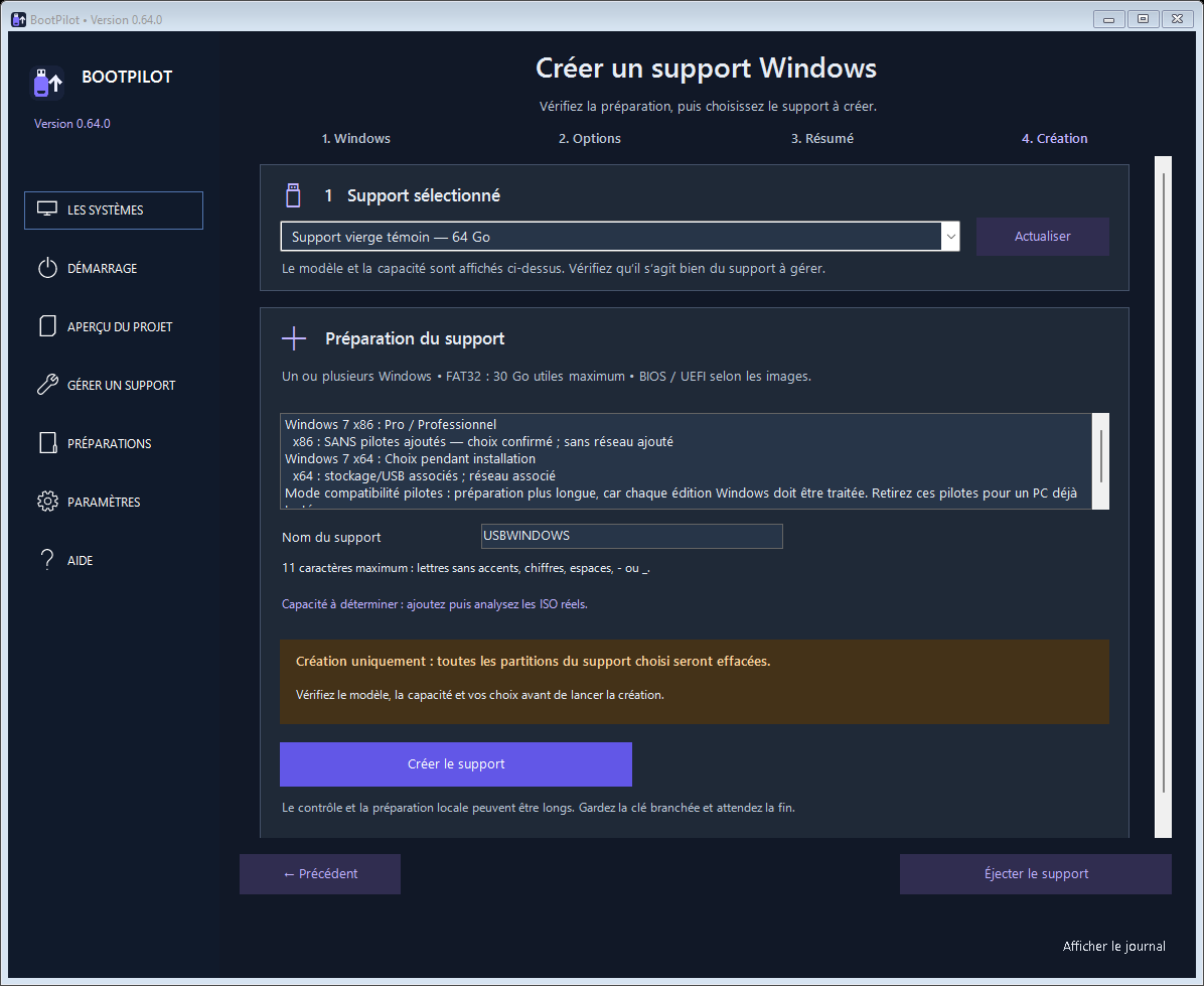 Écran BootPilot de création d’un support Windows avec choix du support et avertissement avant effacement