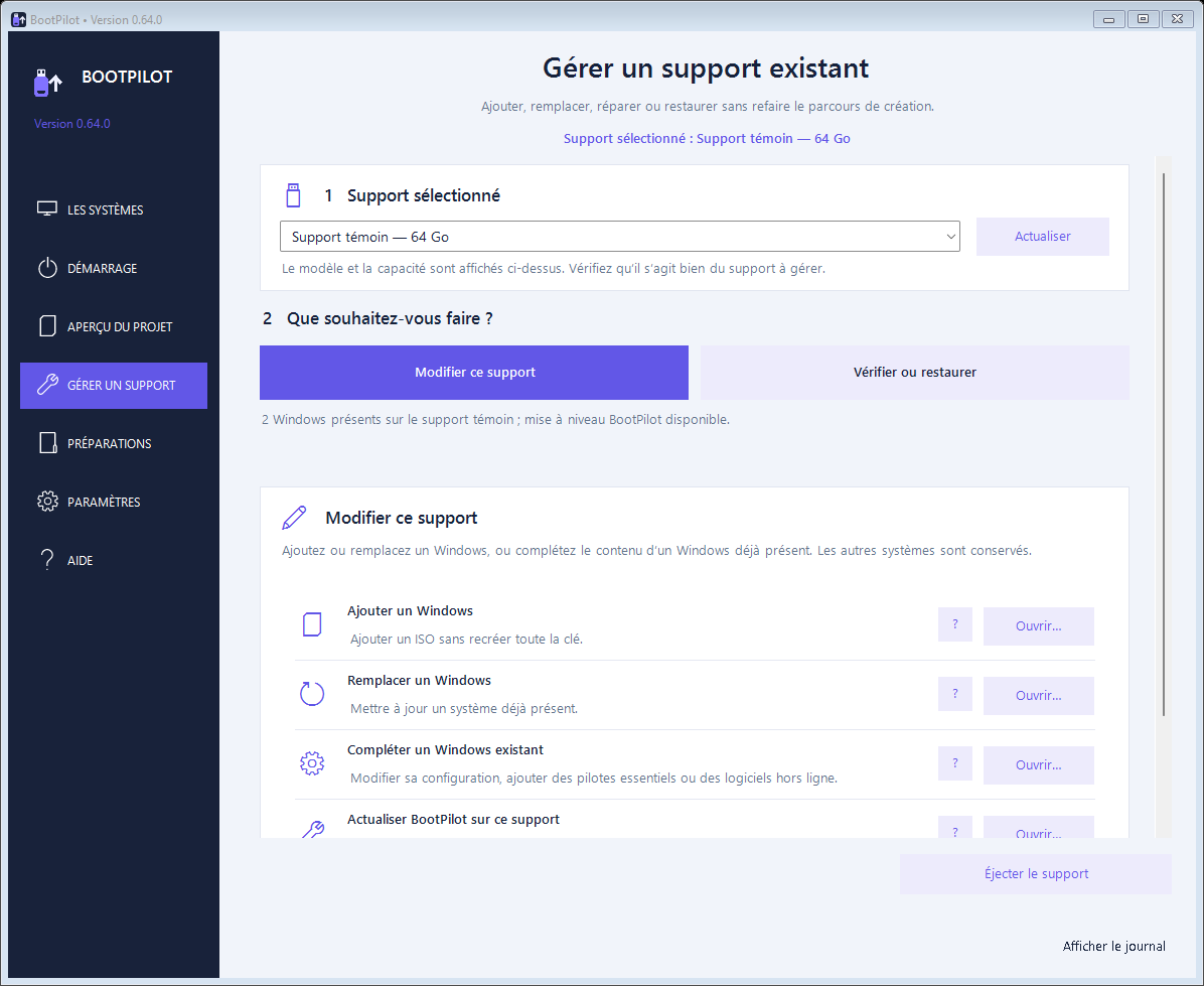 Interface BootPilot permettant d’ajouter, remplacer ou compléter un Windows existant sur le support