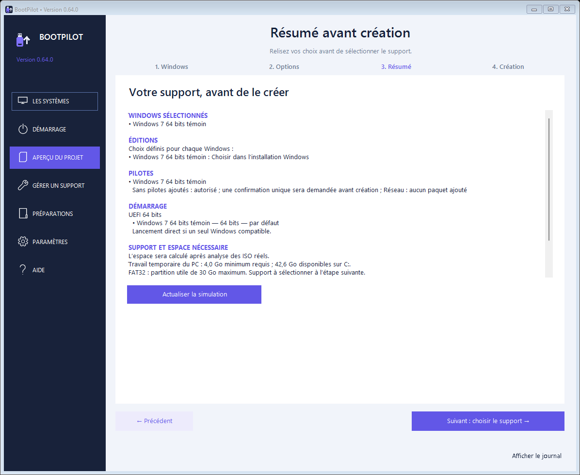 Résumé BootPilot des systèmes Windows, éditions, pilotes, démarrage et espace nécessaires