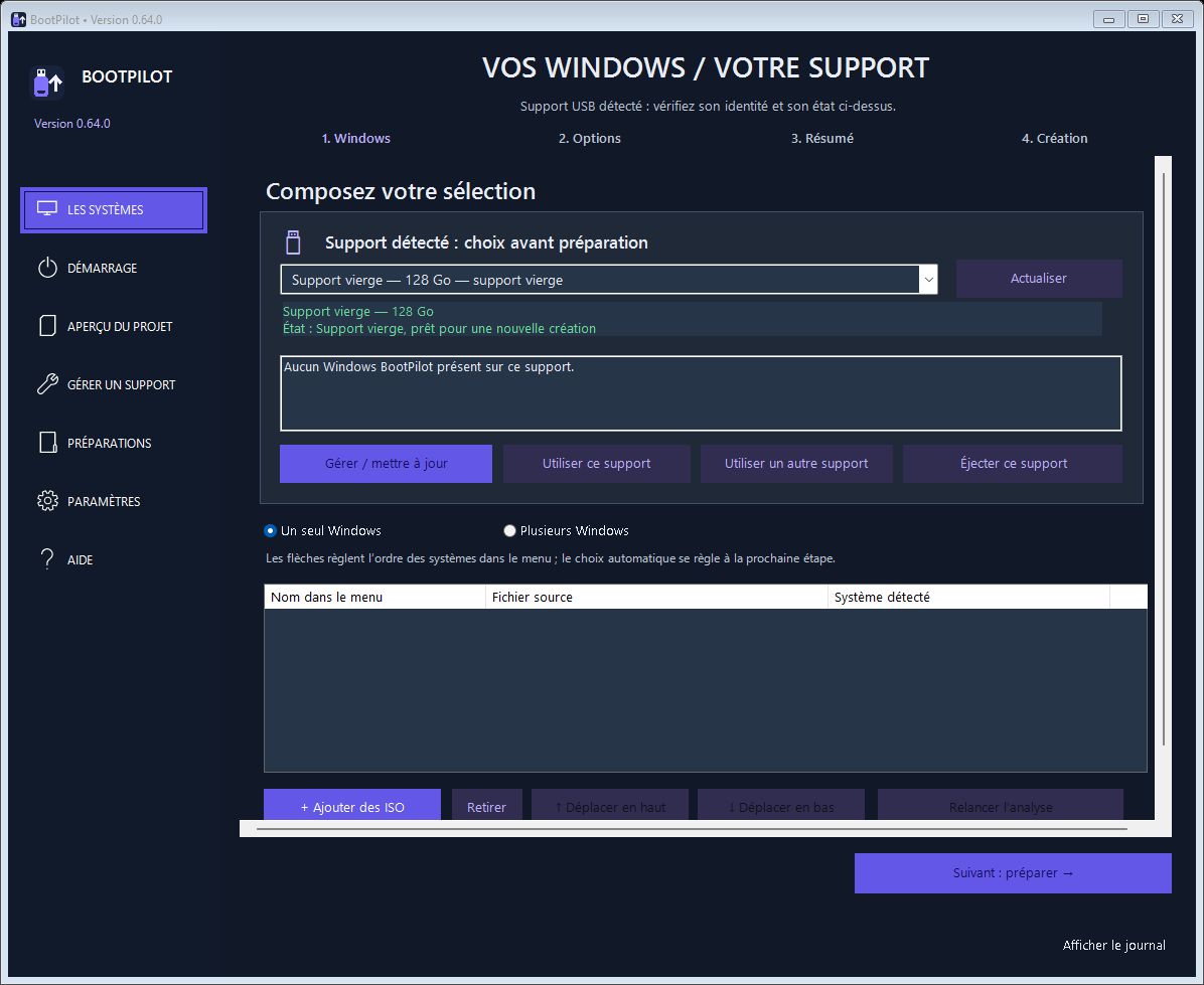 Interface BootPilot avec détection d’un support USB vierge prêt pour une nouvelle création